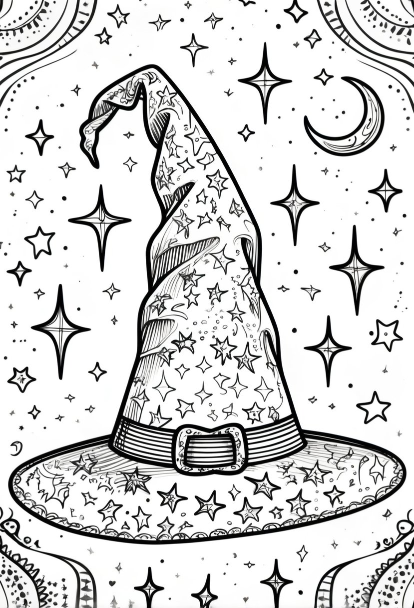 Halloween Coloring Pages for Kids Featuring 16 Cute and Friendly Characters and Scenes 30 A witch's hat decorated with stars and crescent moons surrounded by floating stars and moons.